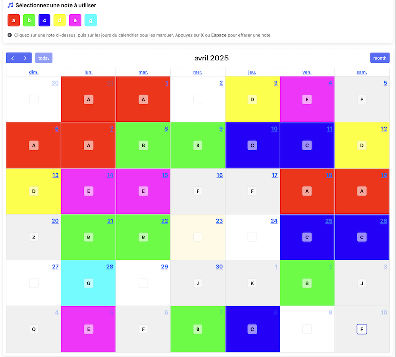 Vue mensuelle du planning personnalisé à l'aide des journées types